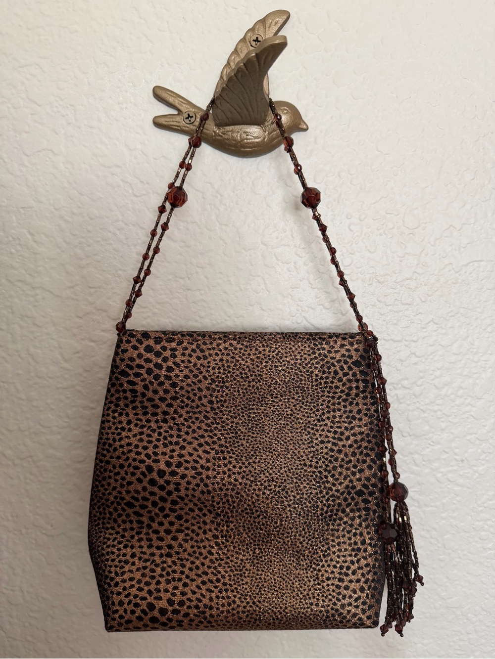 Cache Brown and Black Beaded Leopard-Print Shoulder Bag